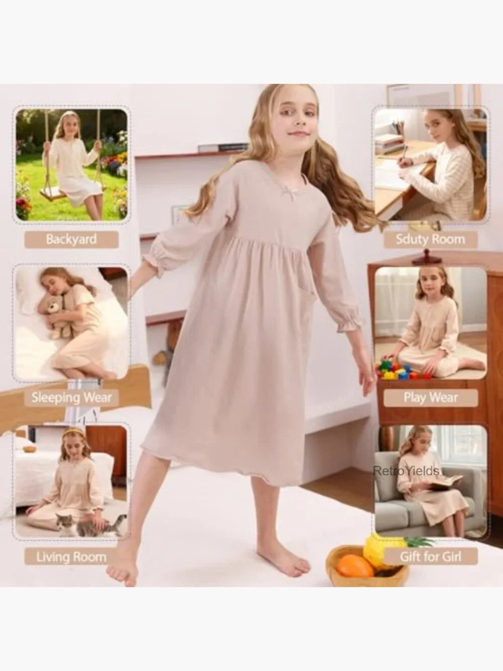 Girls Organic Cotton Nightgown Toddler Sleepwear Pajama Dress Long Sleeve Soft